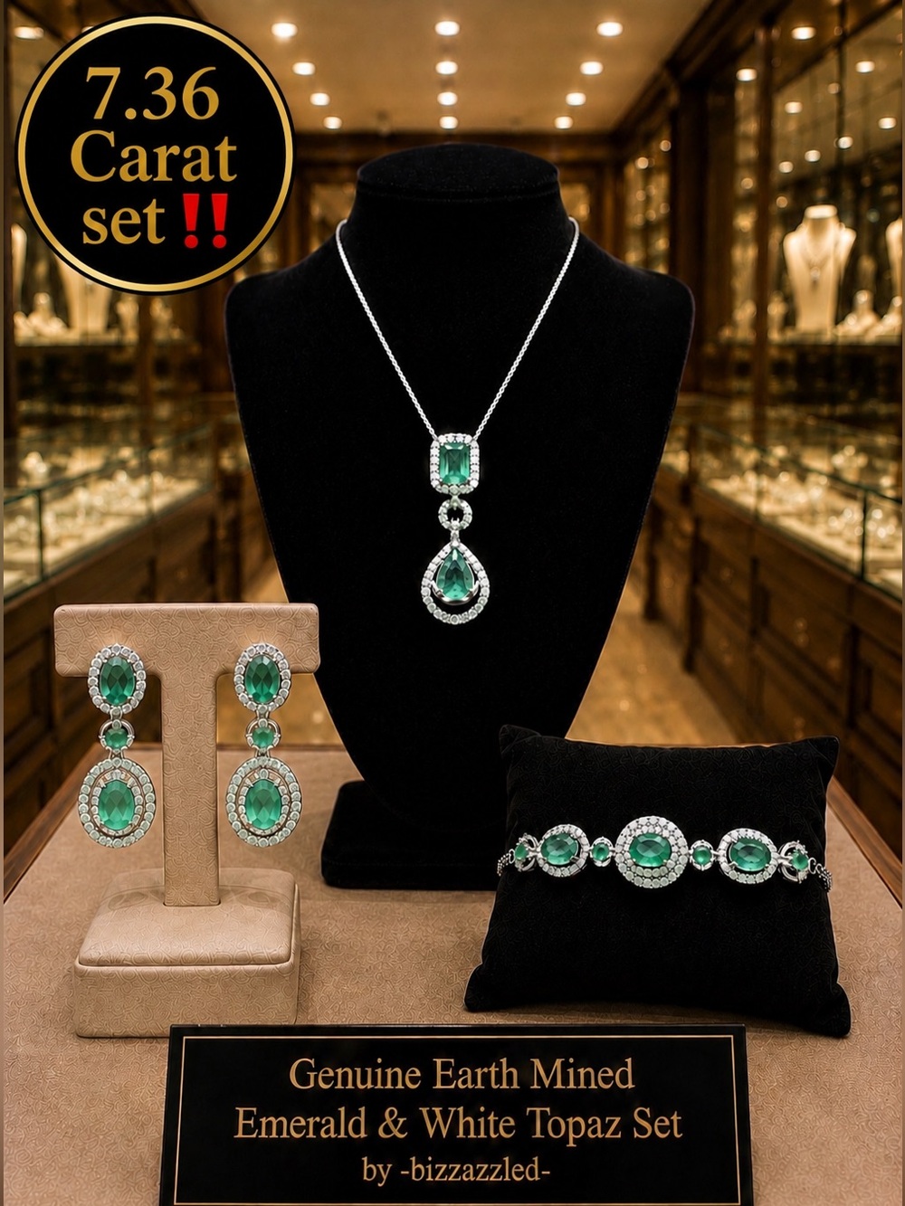 Emerald SET. White Topaz accents Dterling Silver 925